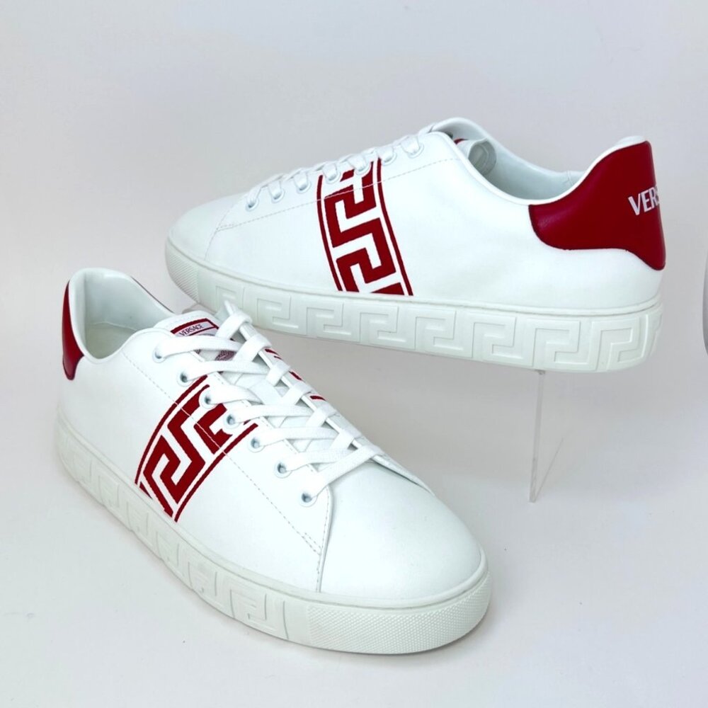 Versace La Greca Embroidered Sneakers White red Leather Men Size IT43 / EU44